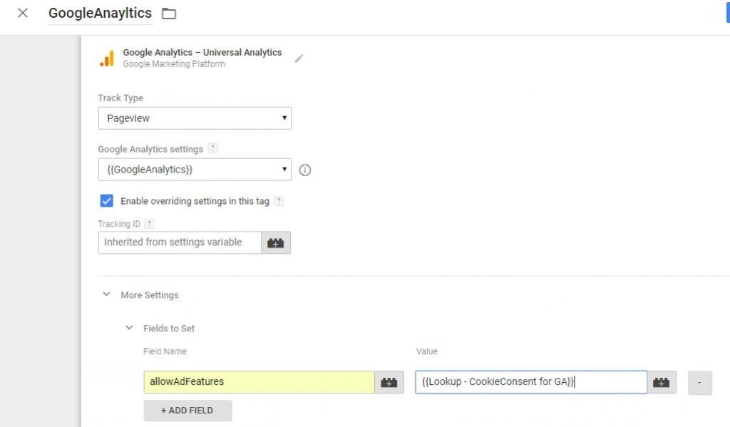 add allowAdFeatures to fields on Google Analytics Tag